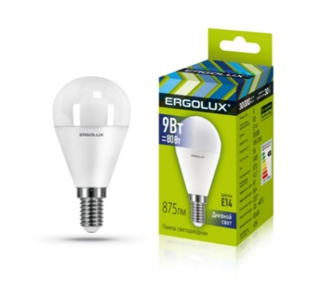 Лампа светодиодная «Ergolux» LED G45  9W, 80Вт (Е14) 6500К «шар» (1/10/100шт)/13175/881972 фото 1